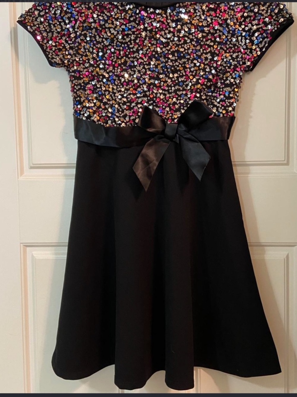 Three Pink Hearts Girls Black Multicolor Sequin Party Dress Satin Bow Size S